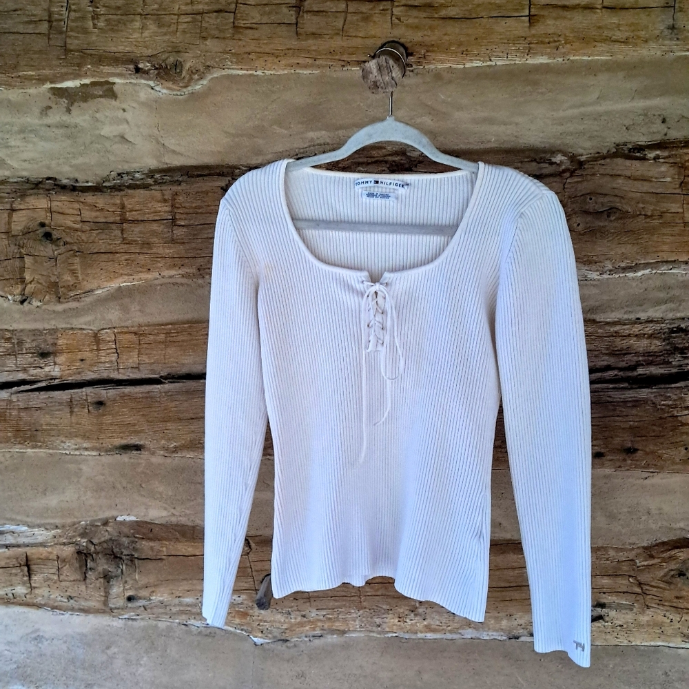 Tommy Hilfiger Cream Ribbed Lace-Up Scoop Neck Sweater